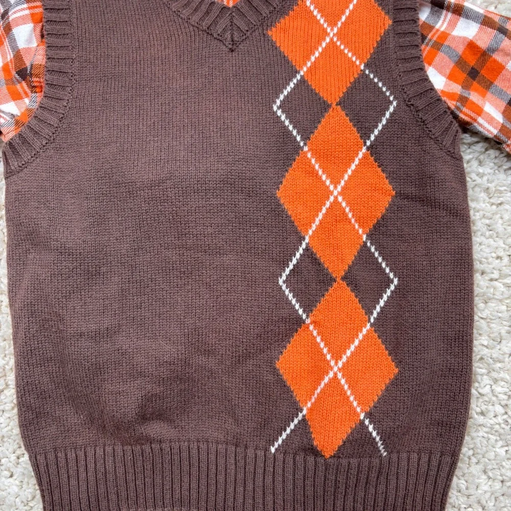 Gymboree Boys Plaid Shirt Sweater Vest Argyle Outfit‎ Set Orange Brown XS 3-4
